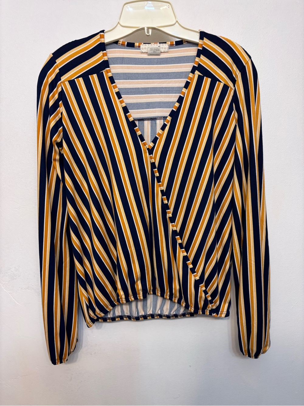 Marci Navy Blue& Yellow Striped V Neck Long Sleeve Blouse Woman’s Size Medium